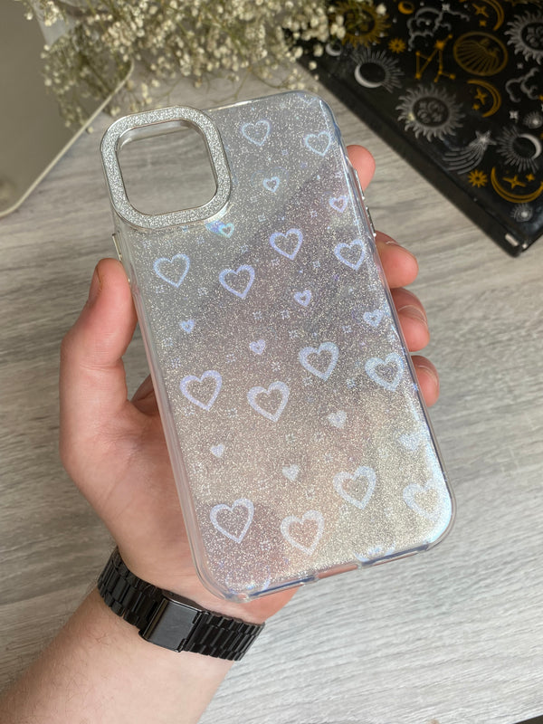 Glittery Holographic Hearts With Glitter Camera Frame iPhone Case