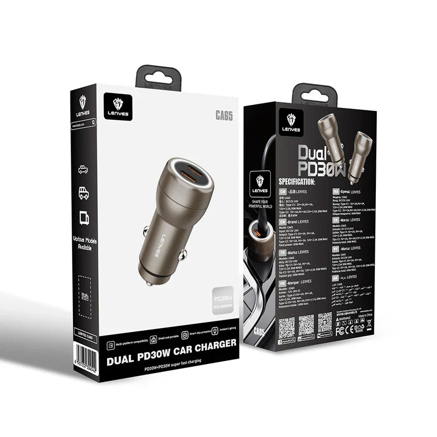 Lenyes 60W Dual Type-C PD Car Charger CA65