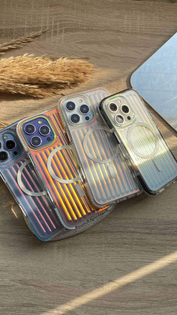 "Iridescent MagSafe-Ready Shockproof Case with Ribbed Design for iPhone – Transparent with Holographic Glow"