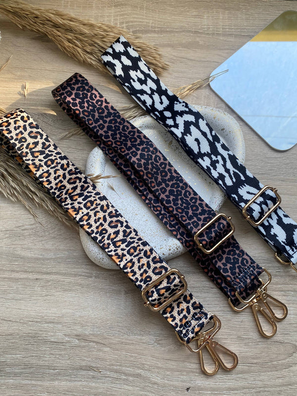 Adjustable Leopard Print Bag and Mobile Phone Strap with Gold Hardware