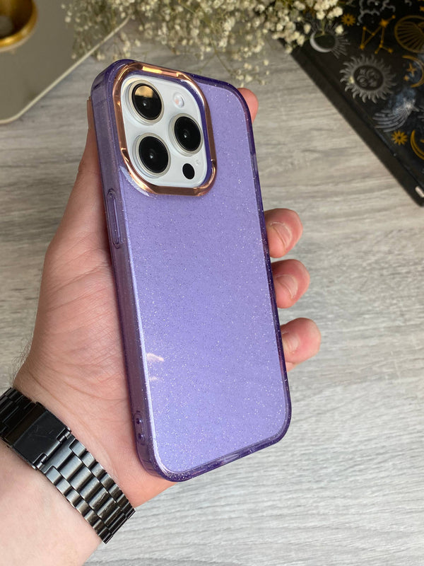 Trasparent Colored Glittery Case With Gold Camera Frame