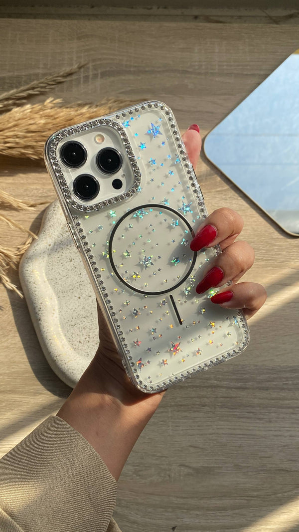 Transparent Glittery Holohgraphic Stars Magsafe with Strass Frame iPhone Case